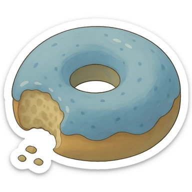 A bitten donut in Ghibli style, detailed, with soft blue colors, no background. sticker