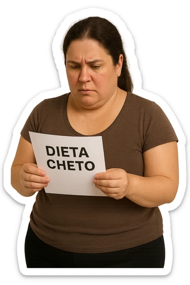 donna realistica leggermente in sovrappeso che legge un foglio con la scritta "dieta Cheto", sfondo bianco, iperrealistica 4k, IPERREALISTICA 4K sticker