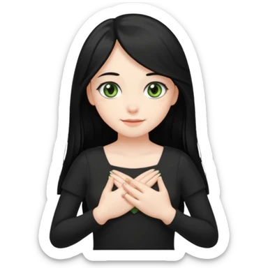 Pale girl with long black hair and olive green eyes soft smile wearing black dress and holding hands over her chest sticker