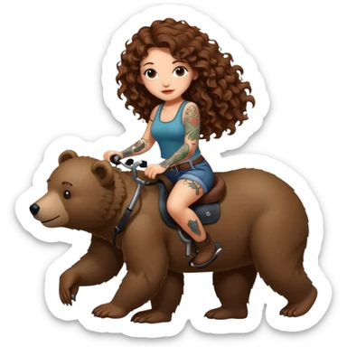 cute woman long curly brown hair tattoos riding bear sticker