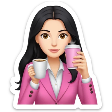 business dressing pink clothes woman  caucasian with a long black hair drinking coffee sticker