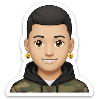 man with black military haircut, brown eyes, wearing 2 circle earrings and a black hoodie with a smiley face sticker