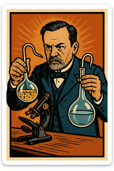 A victorian scientist like Louis Pasteur experimenting with two glass swan neck flasks.  One of the flasks has an open top and contains lot of bacteria in the water.  The other flask is sealed and contained clear water.  There is also a microscope on Pasteur's desk sticker