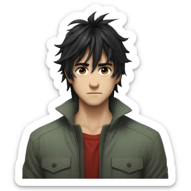 A man with messy black hair, long bangs covering his red right eye, and a gray-green left eye. His neutral expression, with a slight frown, gives off a serious, mysterious vibe. Full-body anime style, 8k realism LOVE hes white btw sticker