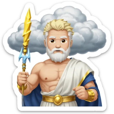 portrait of Zeus, muscular old man with white beard and hair, wearing white toga with gold trim, holding lightning bolt, standing on storm clouds sticker