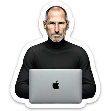 Steve Jobs wearing a black turtleneck using a MacBook. facing forward sticker