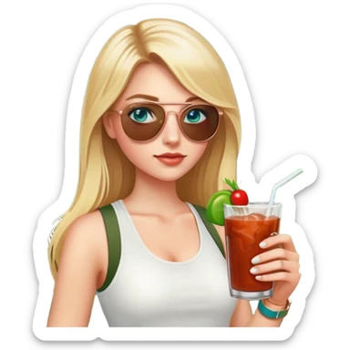 girl with long blond hair
with blue eyes
and aviator sunglasses
wearing white tank top 
holding bloody mary
wearing (rose gold apple watch with forest green band) sticker