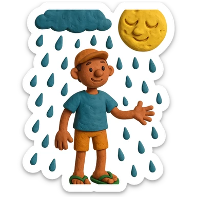 claymation style boneco de chinelos, chuva e lua em massinha sticker