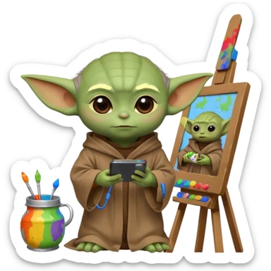Baby Yoda in his brown robe listening music on his headphones, painting a picture on an easel and surrounded by paint pots. sticker