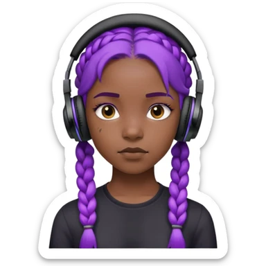 "- Nữ
- 15 tuổi
- Da đen
- Tóc tết, màu tím
- Mặt nghiêm túc
- Đeo tai nghe đen, áo đen
" sticker