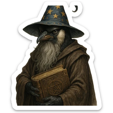 a serious penguin wizard with a long beard, starry hat, and ancient book, detailed fantasy style sticker