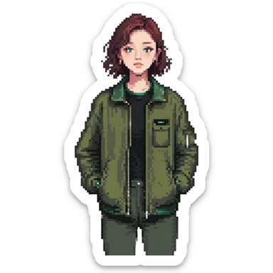 dark olive green jacket over a lighter green top sticker