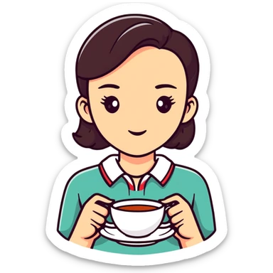 Stylish British girl with a single teacup, minimalist tea time design sticker