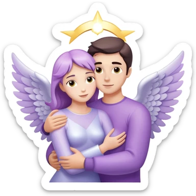 a pastel purple angel woman hugging White brunette man human rays of light sticker