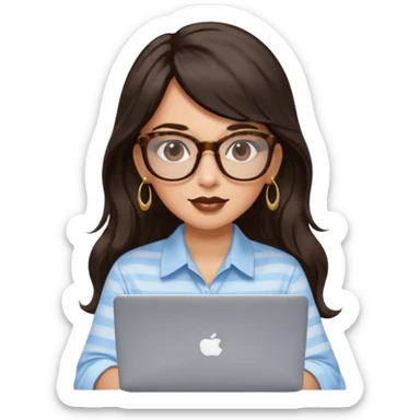 A woman with long wavy dark brown hair and a whispy bang, wearing thick tortoise SQUARE glasses, gold drop earrings. She has long lashes and a nude browny glossy lipstick. She's wearing an oversize light blue shirt with white vertical strips. She's working on a laptop sticker