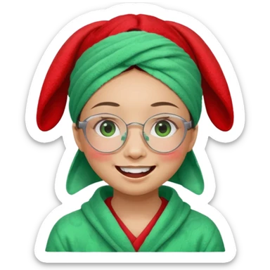 Asian woman wearing a green towel in her head with a broken glasses on her face in red pajamas her smile with rabbit front teeth and the cloth should be red sticker