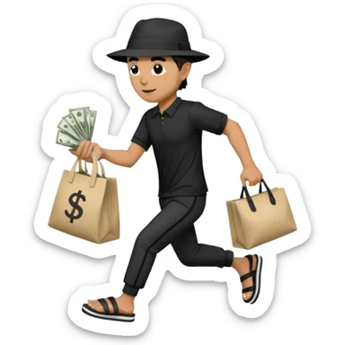Make a man wear a black pant and he shirt is balck line and white line and wear a black hat and he holding a money bag and he running he wear a black eye thing no money in the Left hand and he yellow and the money bag in the right he wear a flip flop like this is Money bag 💰 NO MONEY sticker