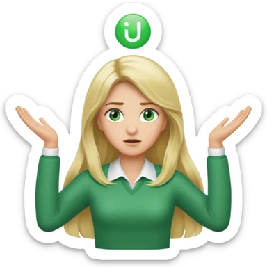 lady with long blonde hair, green eyes throwing arms in the as if confused sticker