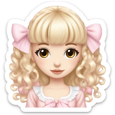 pale girl , who has curly medium length blonde and baby pink swirled hair with bangs , grey eyes , and doll like makeup , in a light pink lolita hime gyaru dress  sticker