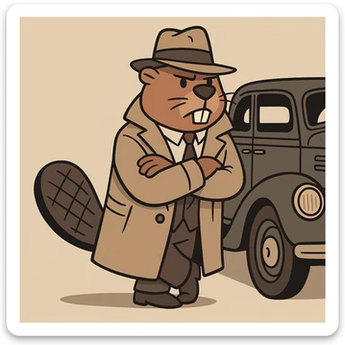 beaver in a trench coat and hat, leaning against a vintage car, gangster theme, cartoon style sticker