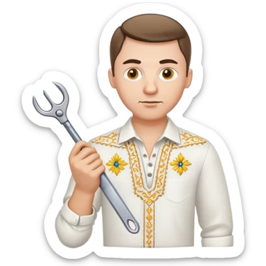 Ukrainian man in white embroidered traditional shirt holding a wrench in one hand and scissors in other hand sticker
