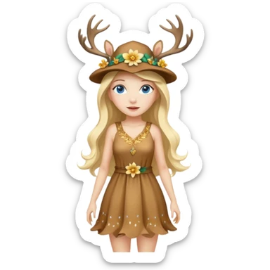full body woman long blonde hair blue eyes white skin wearing deer hat and golden flower dress sticker