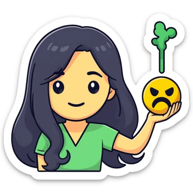 A woman with long black hair holding a toxic emoji sticker