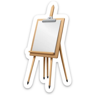 Minimalistic flat vector icon, iOS style, thin black contour on white background. Easel with a paper sheet and a pencil leaning against it. No text, no shadows sticker