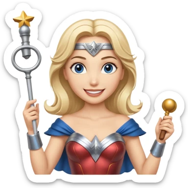 Blonde blue eyed Wonder Woman holding white orchestra conductor’s baton and bell  sticker