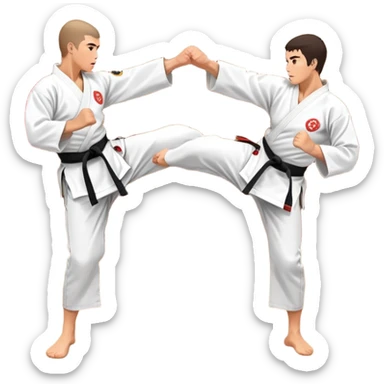 Two karate fighters in traditional gi sparring. One executes a high kick aimed at the opponent’s head, while the other blocks with a strong hand defense. The background features a classic dojo with wooden flooring and banners. Dynamic motion and focused expressions. Transparent background. sticker