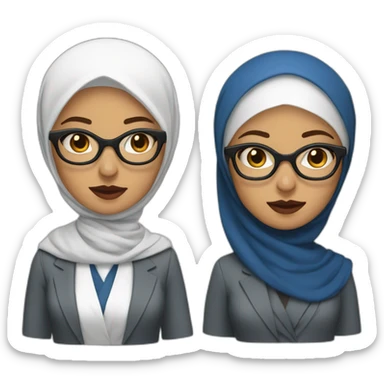 Hijabi white woman with glasses and dark brown eyes wearing a blue suit and red lipstick sticker