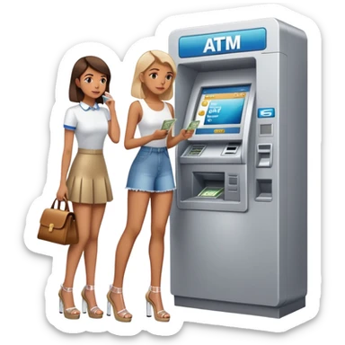 girl wearing clear platform heels, girl waiting beside one atm, with a man taking money out  sticker