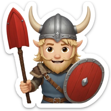 A young Viking warrior with messy blond hair, wooden shield, and fierce excited grin with horned helmet sticker