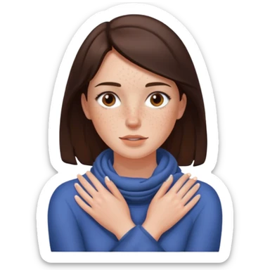 a brunette woman with two hands wrapped opposite around her neck sticker