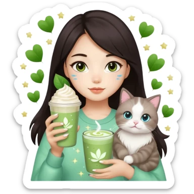 asian girl with shoart dark brown hair with a soft girl glowup aesthetic. matcha latte sparkles girly things, 2 ragdoll cats, skincare, makeup sticker