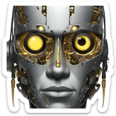 black metal male cyborg head with artificial eyeball, circuitry and wispy yellow gold hair sticker