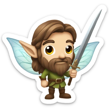 Male, forest fairy, fairy wings, long beard, pointed elf ears, long brown hair, vines, holding medieval sword sticker