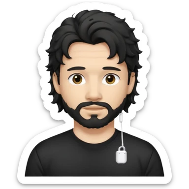 light skin man with black wavy hair and a mullet, faded beard, wearing a black t-shirt and AirPods sticker