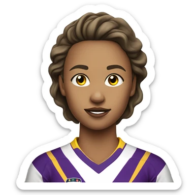 a woman soccer player in white jersey with purple pinstripes and yellow collar sticker