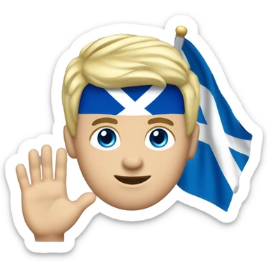 35 year old white Chunky male with blonde hair and blue eyes waving hand with Scotland flag in background sticker