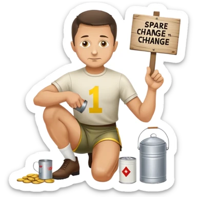 Volodymyr Zelenskyy on his knees with a tin cup and sign begging for “spare change”  sticker
