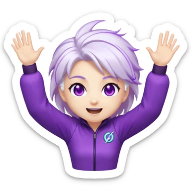 Chibi Sable Ward with excited hype expression, both arms raised high, eyes shining, white hair with purple streaks, fully purple eyes, energy effect around her, extremely excited sticker