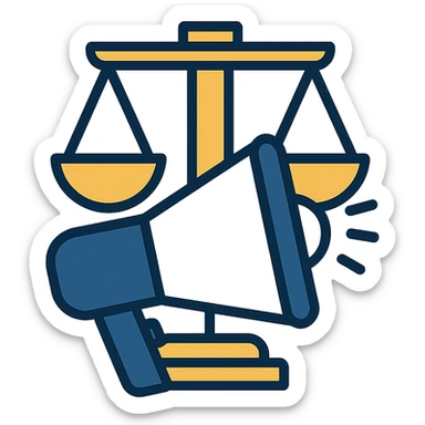 modern minimalist icon for advocacy consulting firm, megaphone in front of balanced scales of justice, navy blue white gold, conveys trust authority progress sticker