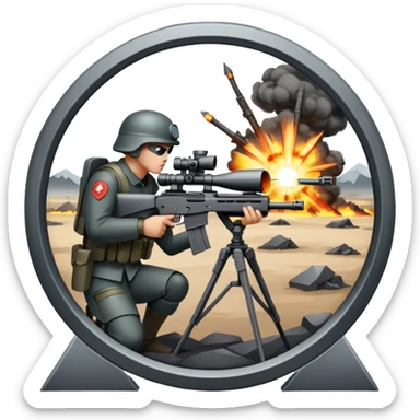 An icon featuring the crosshairs of an automatic rifle in the foreground, with a battlefield in the background. The design captures the intense focus of a first-person shooter game, with soldiers and explosions visible through the sights. Transparent background. sticker