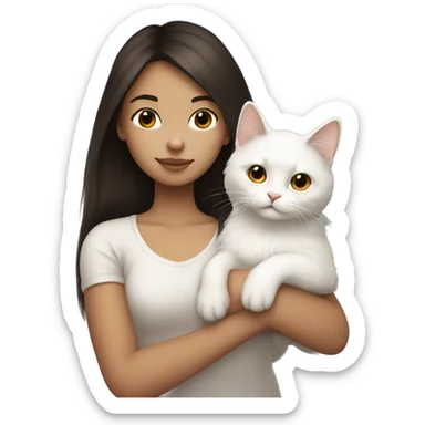 Dark brown straight hair girl holding fluffy white cat  sticker