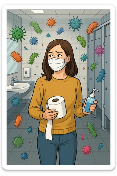 Donna che usa bagni pubblici ma in aria è pieno di virus e batteri sticker