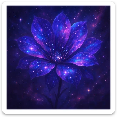 a flower with galaxy colors and cosmic patterns, glowing petals, starry details, dreamy and magical sticker