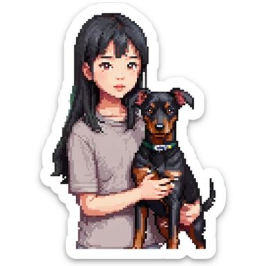 A medium black hair Asian girl holding a Doberman sticker