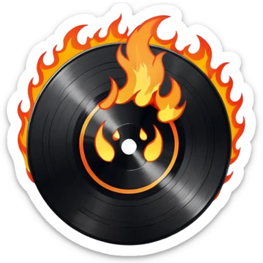 a black vinyl record white sticker and flames  sticker