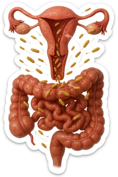 UTERO UMANO E INTESTINO ANATOMICI REALISTICI SONO UNO SOPRA ALL'ALTRO E SI PASSANO I BATTERI A VICENDA, CON BATTERI CHE ESCONO DALL'INTERNO, IPERREALISTICO 4K, NON DISEGNATO sticker
